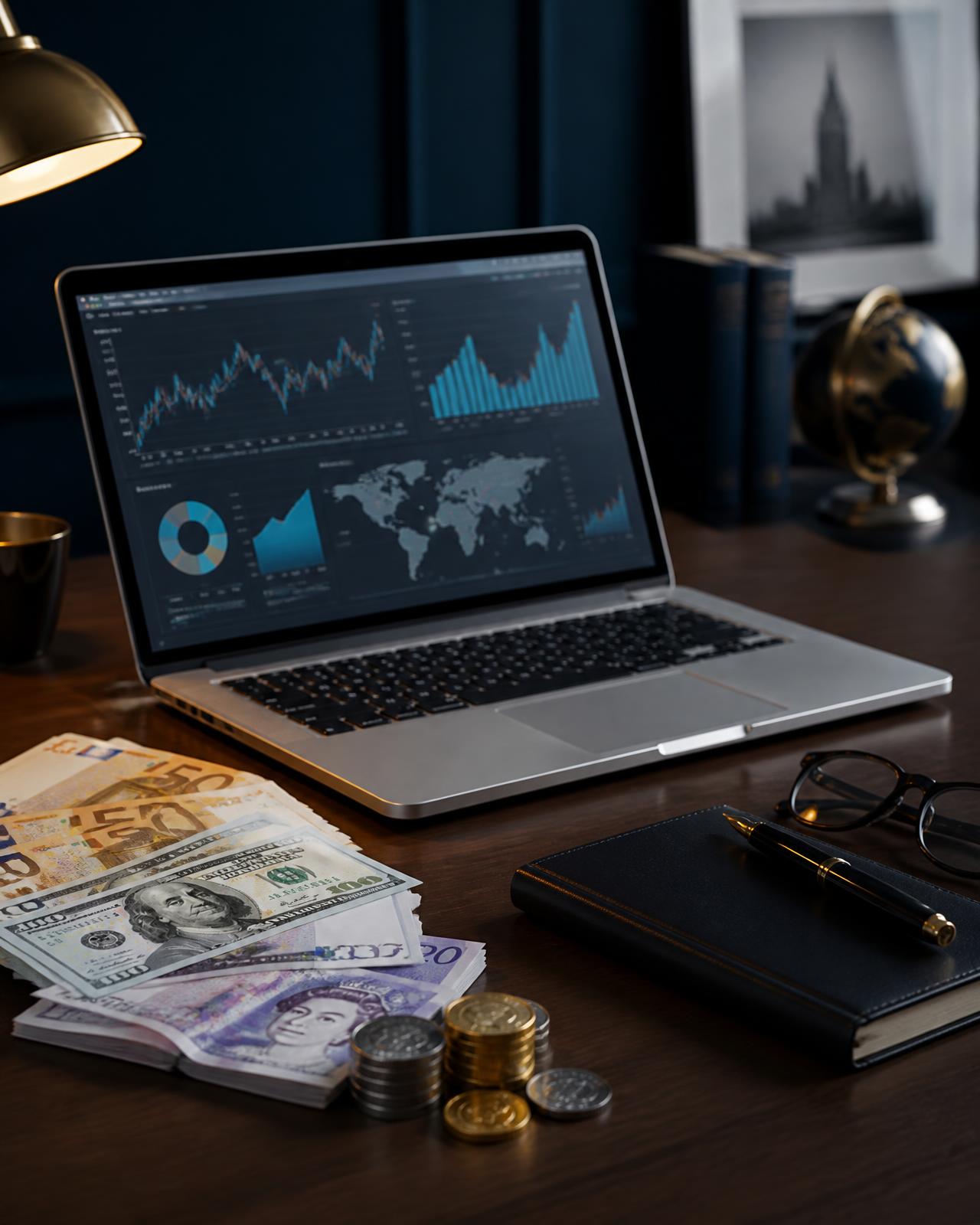 Laptop with financial dashboards, banknotes and coins on an executive desk